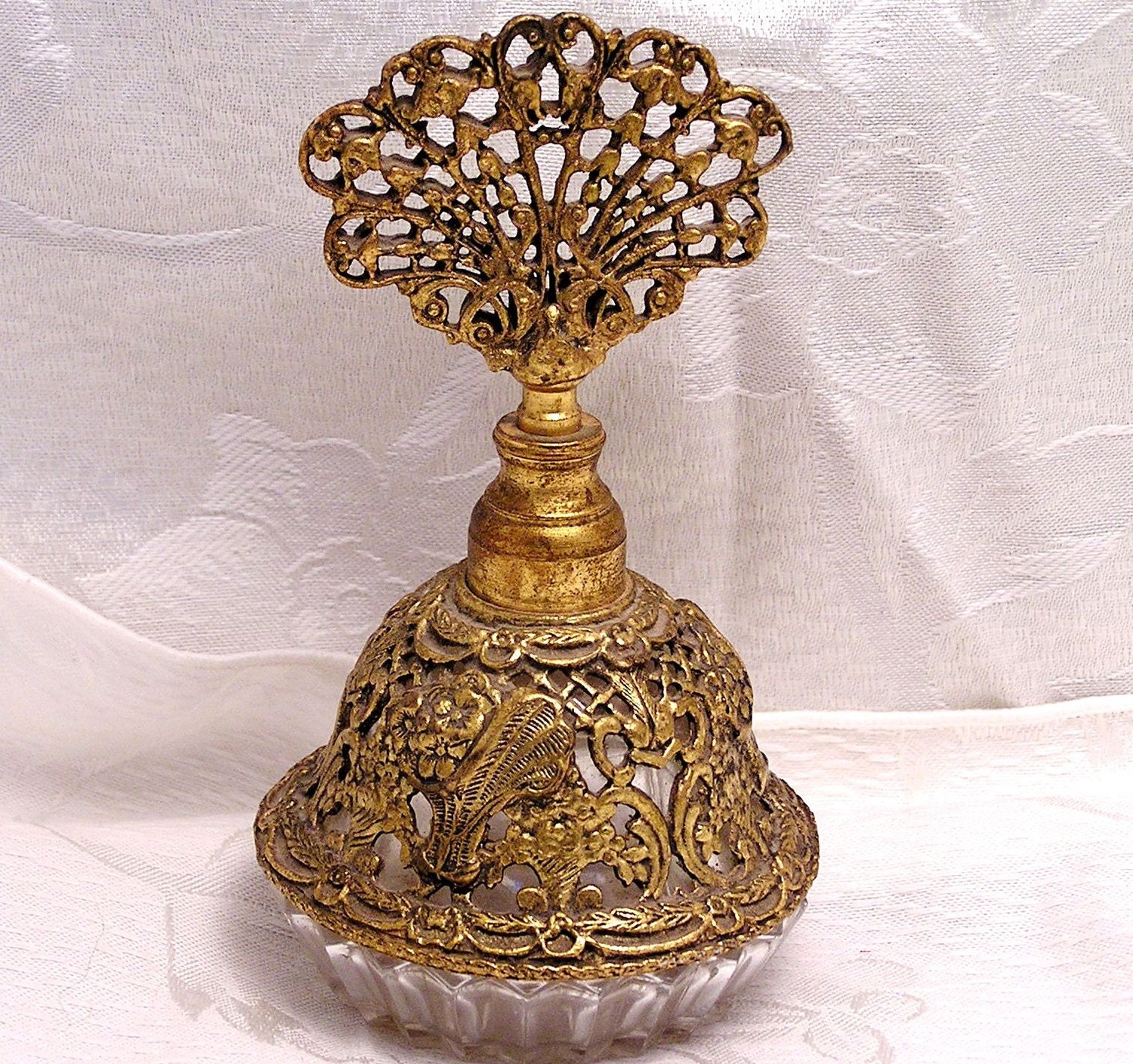 Vintage Perfume Bottle. Metal Filigree Over Heavy Glass. FREE US SHIPPING.