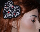 Silver Red Heart Filigree Swirl Embroidered Hair Clip MTCoffinz