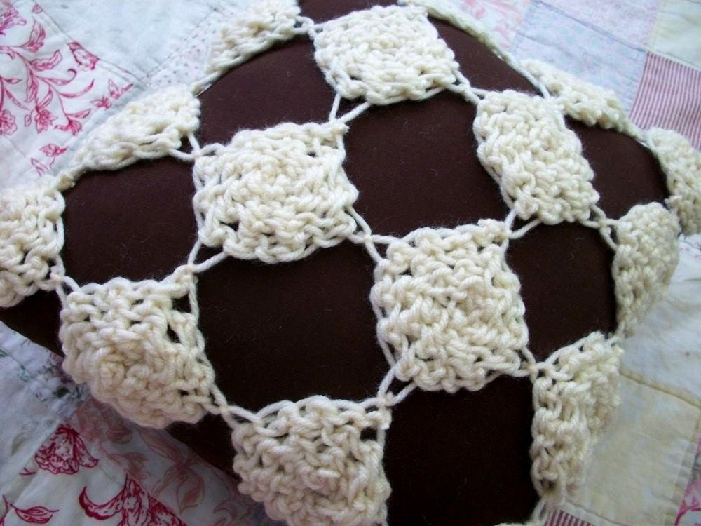 Fall : Brown and Cream Plush Crocheted Pillow