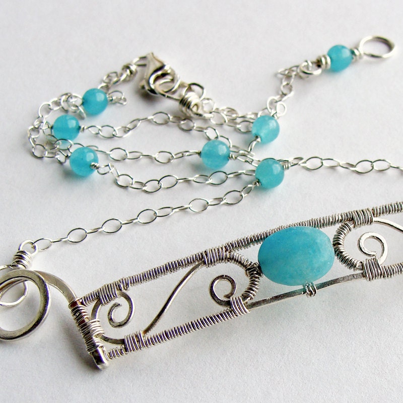 Spirals and Gemstone Necklace in Sterling and Aqua