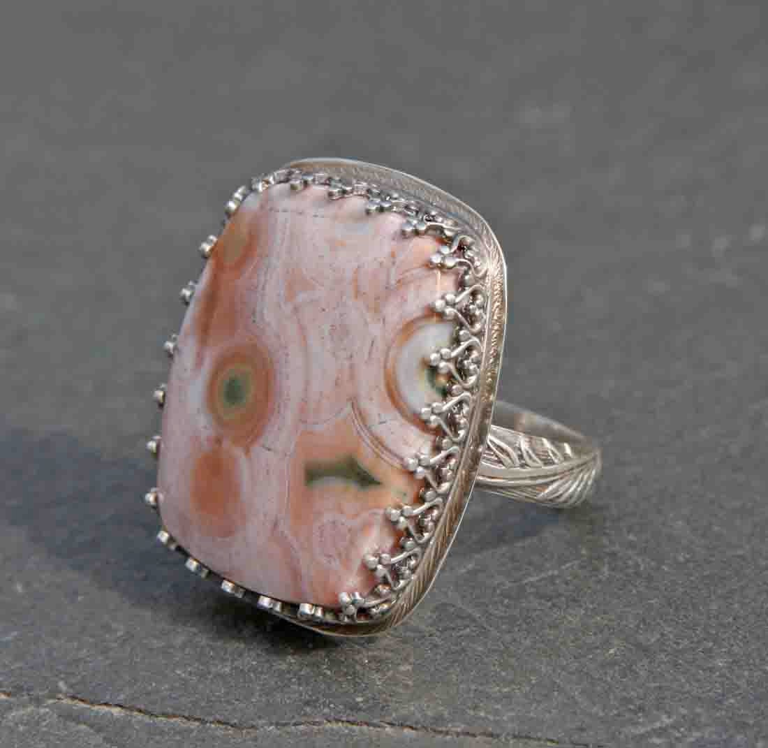 Size 7.5 Pink Ocean Jasper and Sterling Silver Cocktail Ring