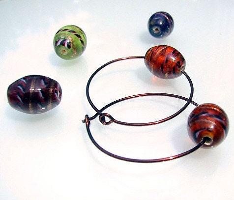 Copper hoops with oval art glass bead purple orange or green