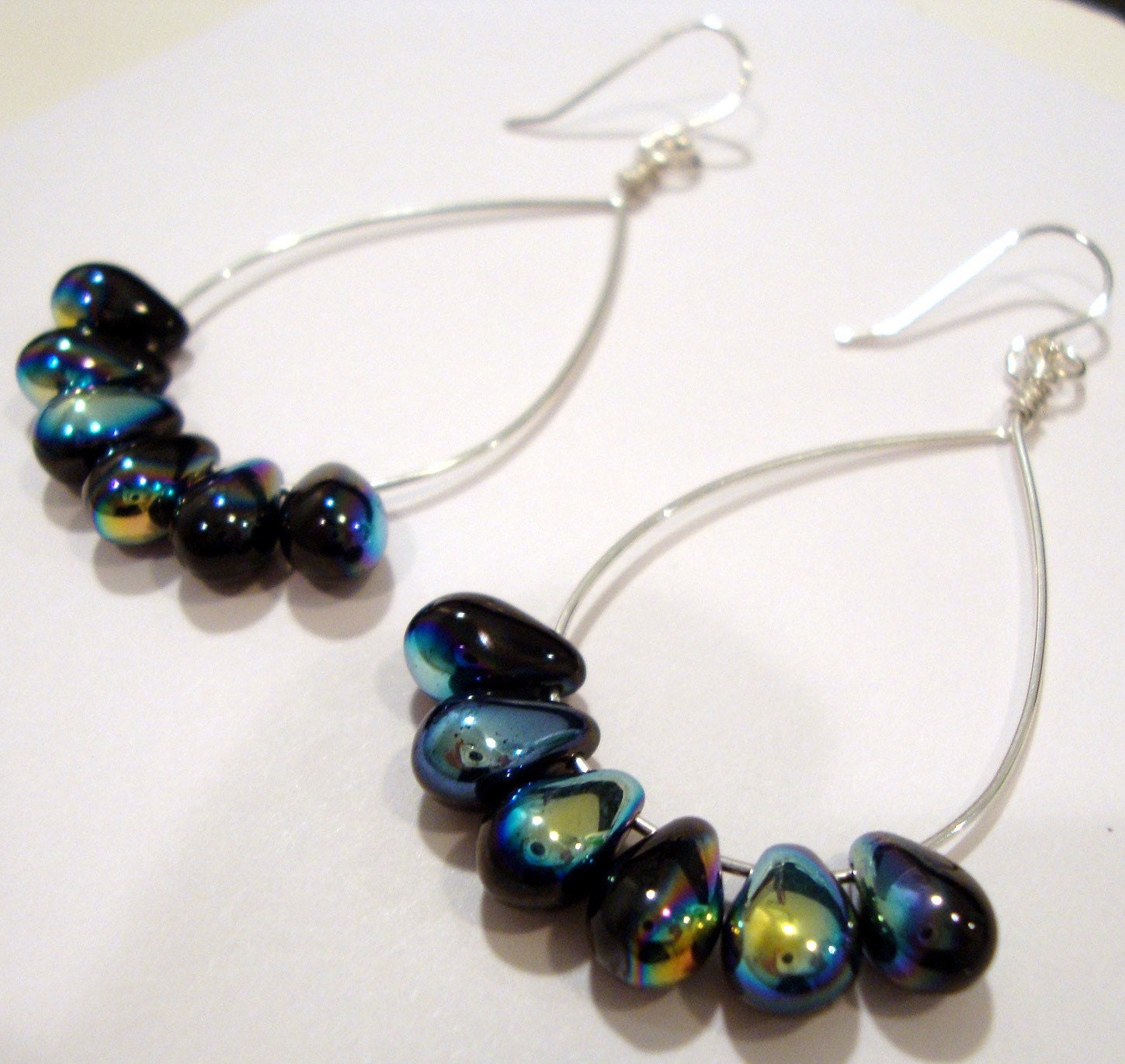 Black iridescent  Peacock silver hoop earrings