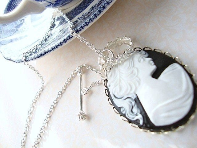 Victorian Black Toggle  Cameo  Necklace- Womens