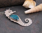 Seahorse Necklace Sterling Silver Chrysocolla Stone Metalwork Necklace. Ocean Inspired Jewelry