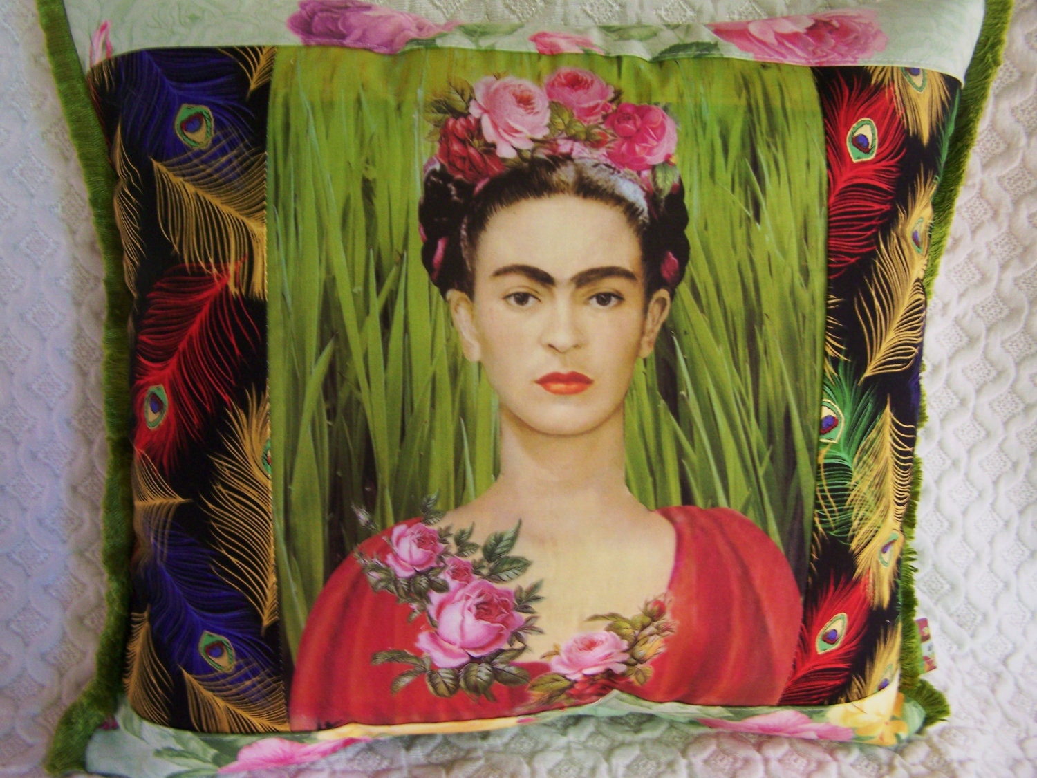Frida Kahlo Mexican Designer Pillow Peacocks and Roses