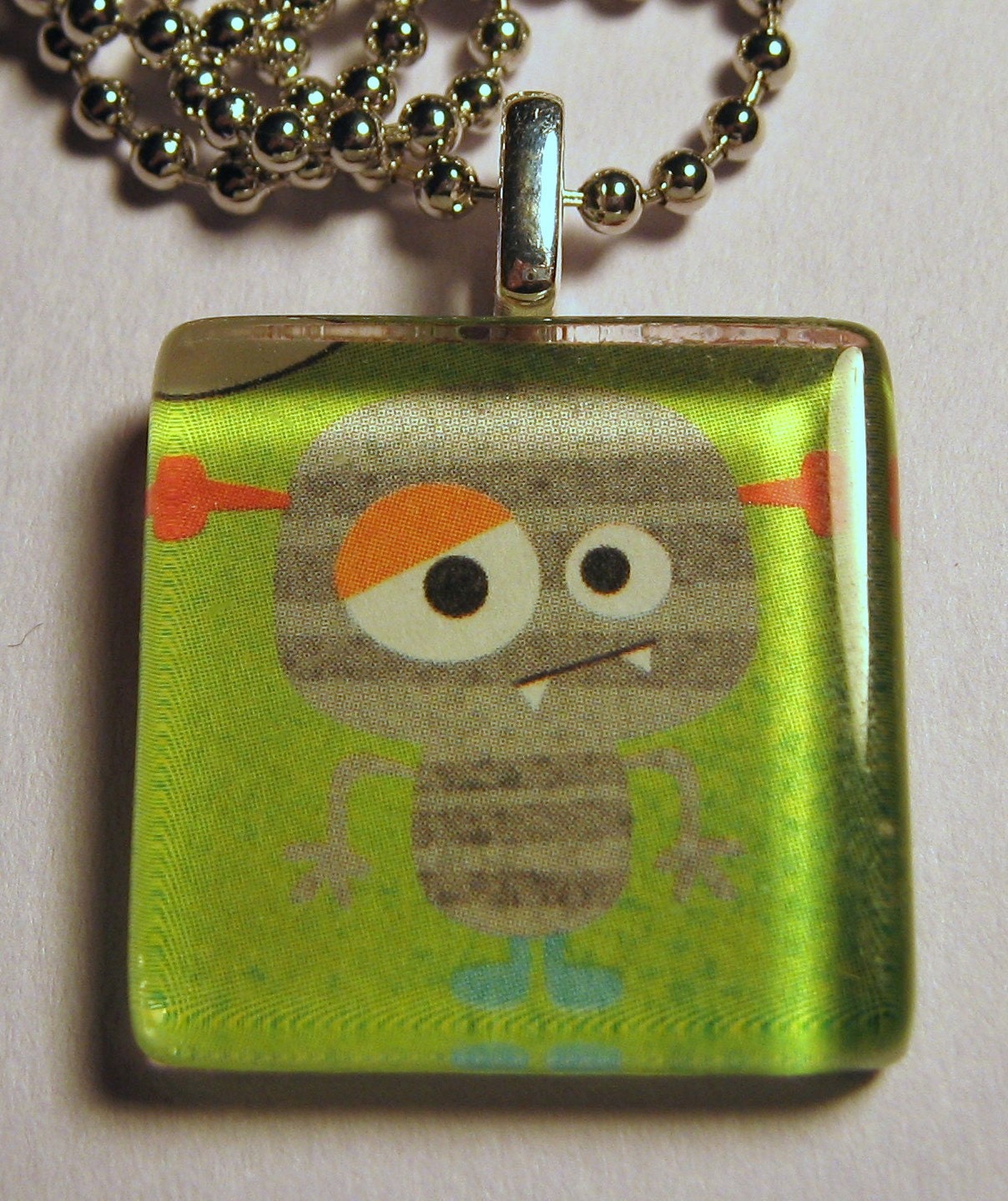 Cute Mummy on Green Background Square Glass Pendant with Chain