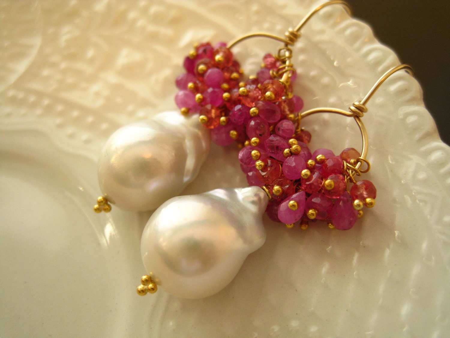 Baroque Freshwater Pearl and Sapphire earrings-Plumeria