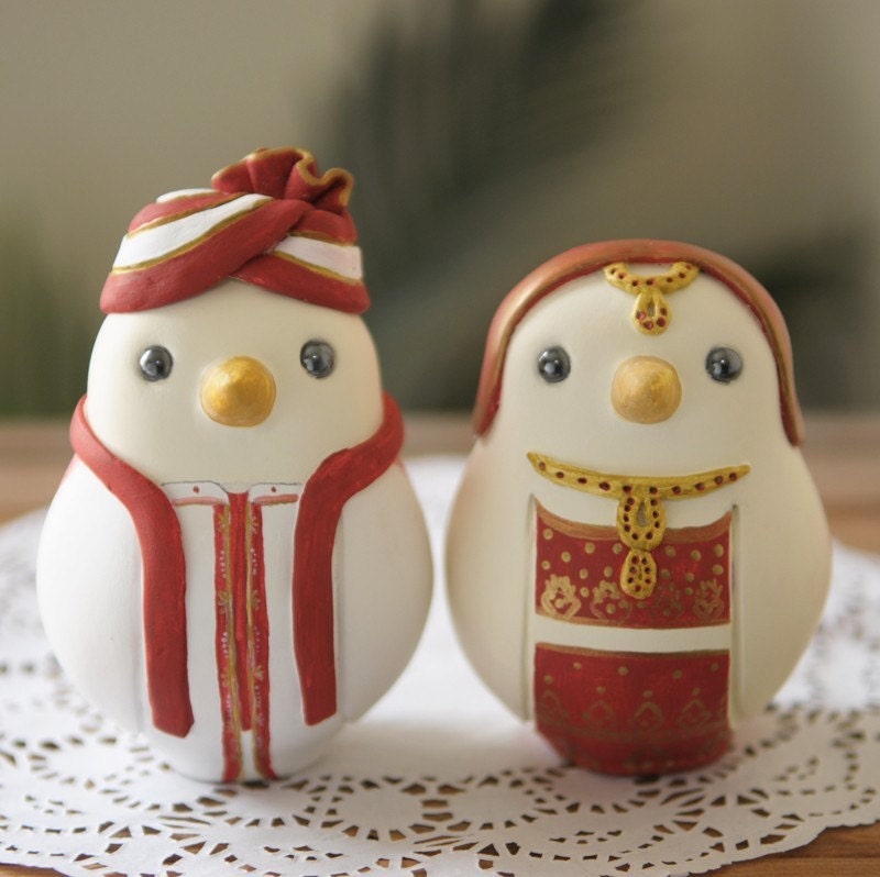 Custom Wedding Cake Topper - Large Hand Painted Love Birds in Indian Wedding Dress