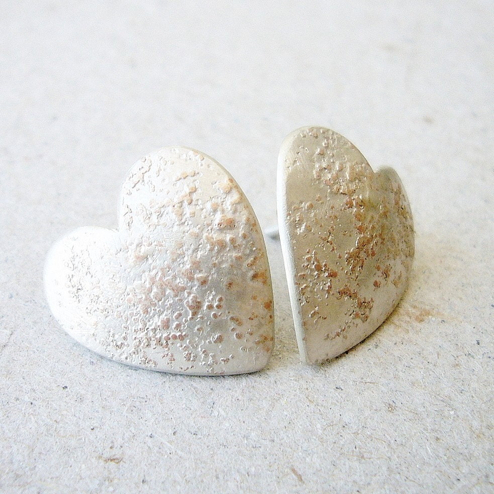 Small textured heart earring love, romantic, sterling, texture, hearts, Valentine. Valentines, Love, cooper, white - 2212jewelry