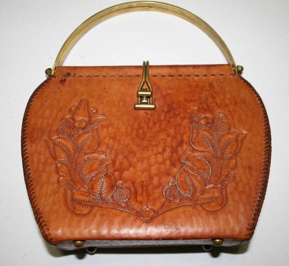 Rare Hand Tooled Vintage Leather Purse Unique Brass Handle and Lock