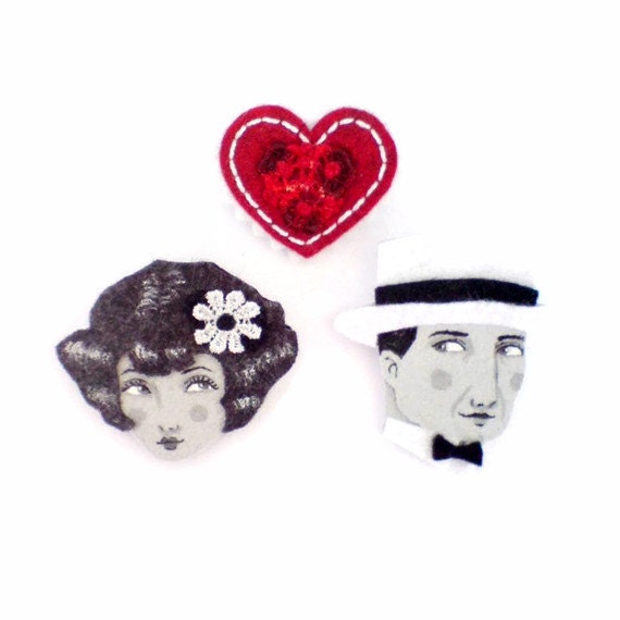 Love Story Fabric Brooch Trio Set, Felt Brooch, Art Brooch, Wearable Art Jewelry