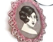 Vintage Lady Cameo Fabric Pendant, Miniature Painting, Ooak, Wearable Art Jewelry