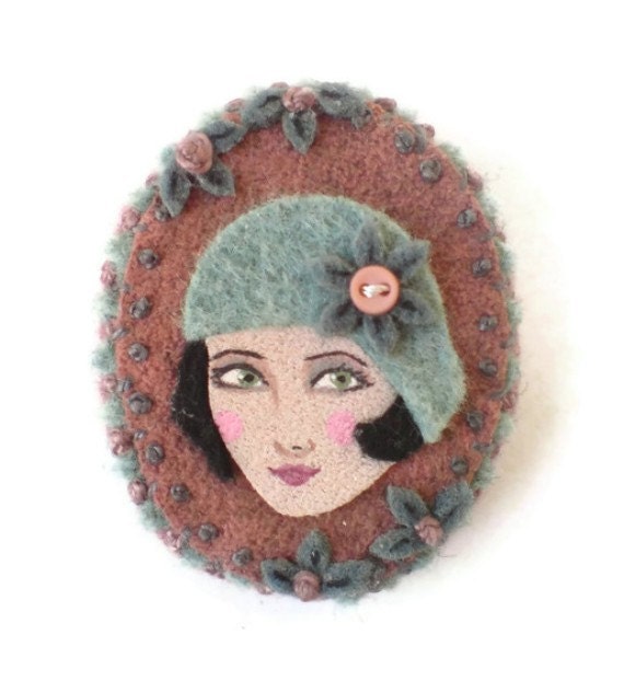 Sale - Jazz Age Cameo Fabric Brooch, Felt Brooch, Art Brooch, Wearable Art Jewelry