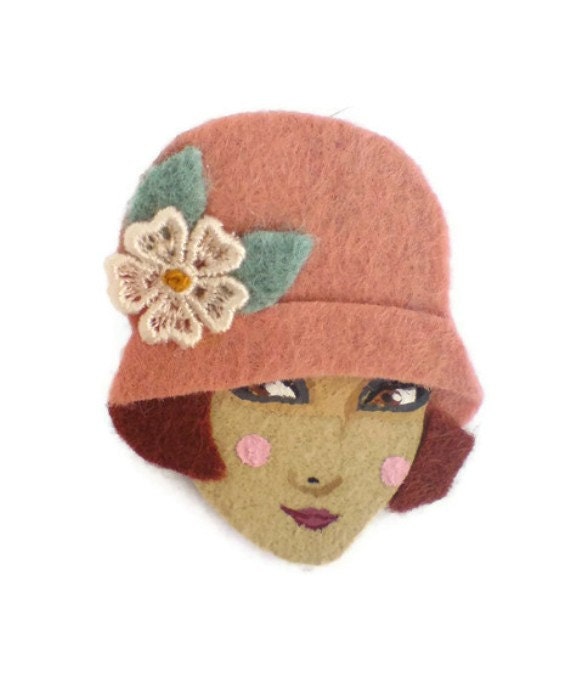 Jazz Age Girl Felt Brooch, Fabric Brooch, Art Brooch, Wearable Art Jewelry