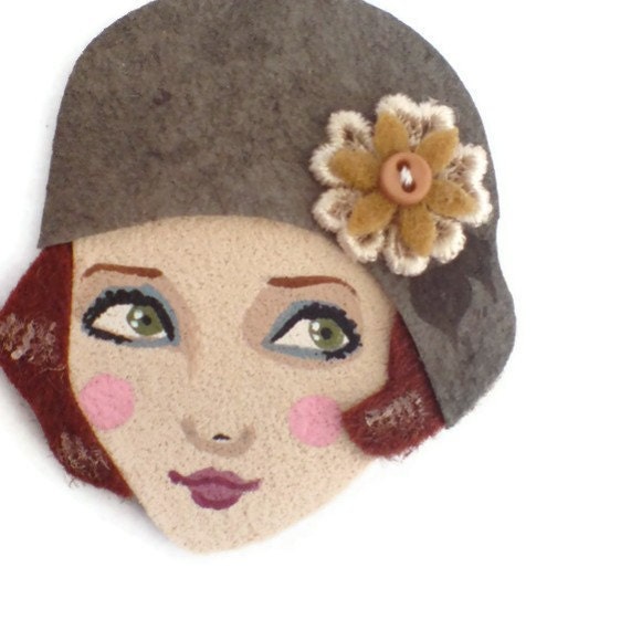 SALE - 20s Fashion Girl Fabric Brooch, Felt Brooch, Art Brooch, Wearable Art Jewelry, Mother's Day Gift