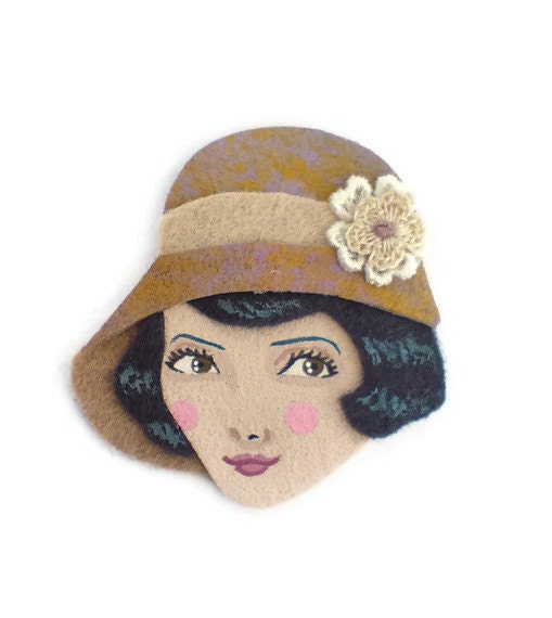SALE - Jazz Age Girl Fabric Brooch, Felt Brooch, Art Brooch, Wearable Art Jewelry, Mother's Day Gift