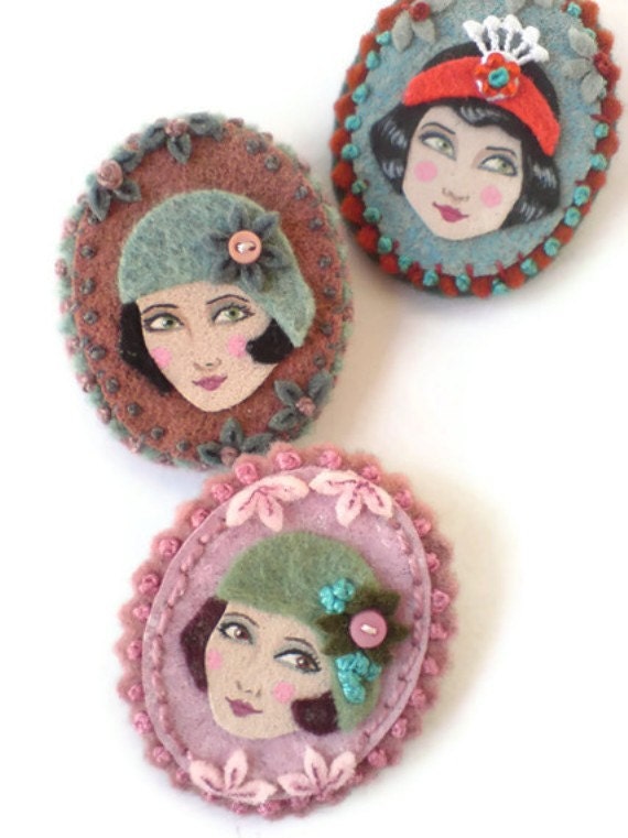 Sale - Jazz Age Cameo Fabric Brooch, Felt Brooch, Art Brooch, Wearable Art Jewelry