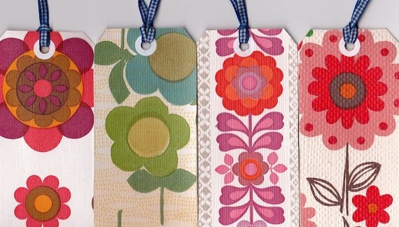 6 Double Sided Wallpaper  Gift Tags -  Vintage 70s papers