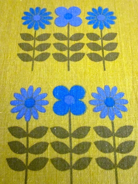 Vintage 1970s Dekoplus Fabric - Blue Scandi Flowers on Mustard