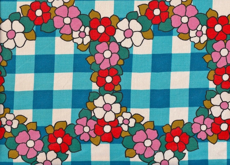 Vintage 1970s Fabric - Blue gingham with Flowers.