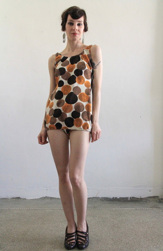 Vintage SwimSuit . Bathing Suit . Orange and Brown Circle Print . Pin Up . Bombshell . Summer Beach Wear