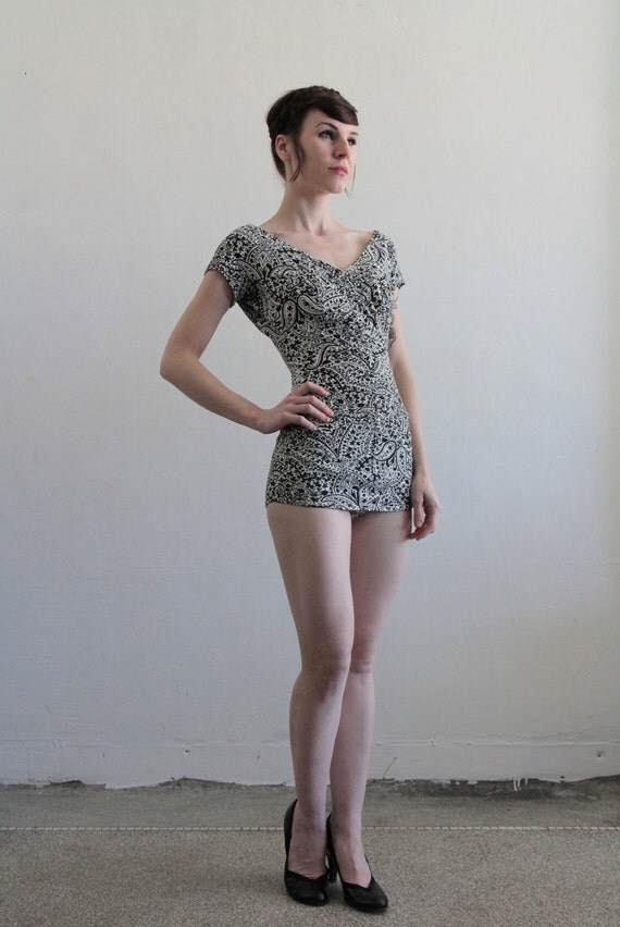 reserved....1940s Vintage Swimsuit . Bathing Suit . Black and White Paisley . Pin Up . Bombshell . Summer Beach Wear