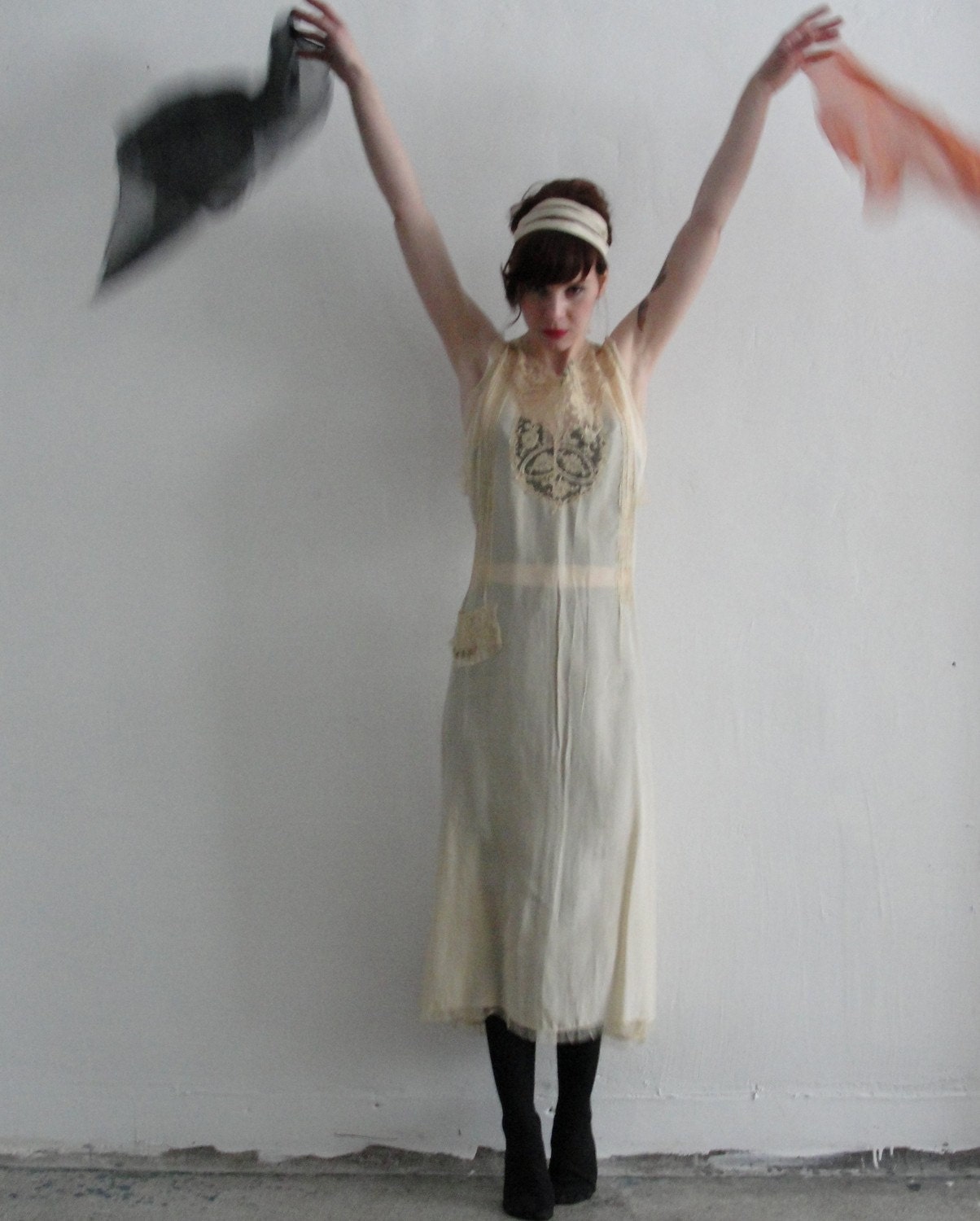 Night Tea ... Antique early 1900s Silk Night Gown ... With Lace and Roses