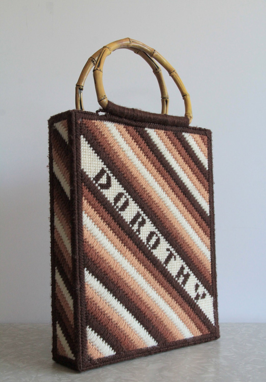 Vintage Handbag . Dorothy . Needle Point . Browns . 1970s Purse . Knitting Bag