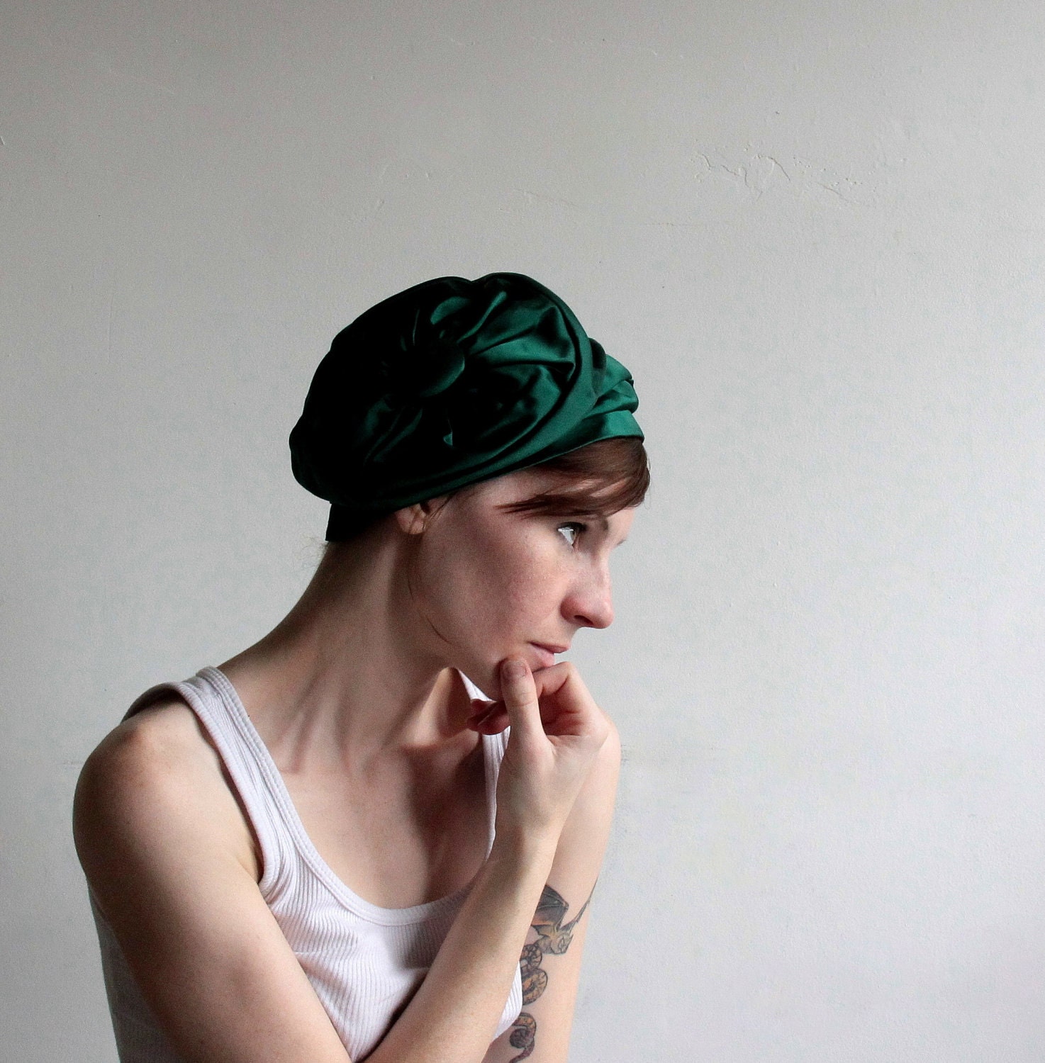 Vintage Flop Cloche . Kelly Green Satin . Mod . Asymmetrical . High Fashion . 1960s