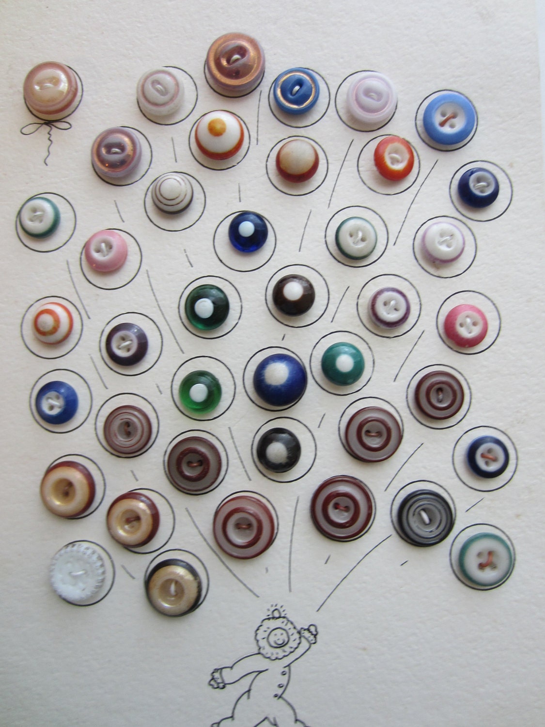 Vintage Buttons - beautiful lot of 42 collector glass small buttons, novelty styles, (1960)