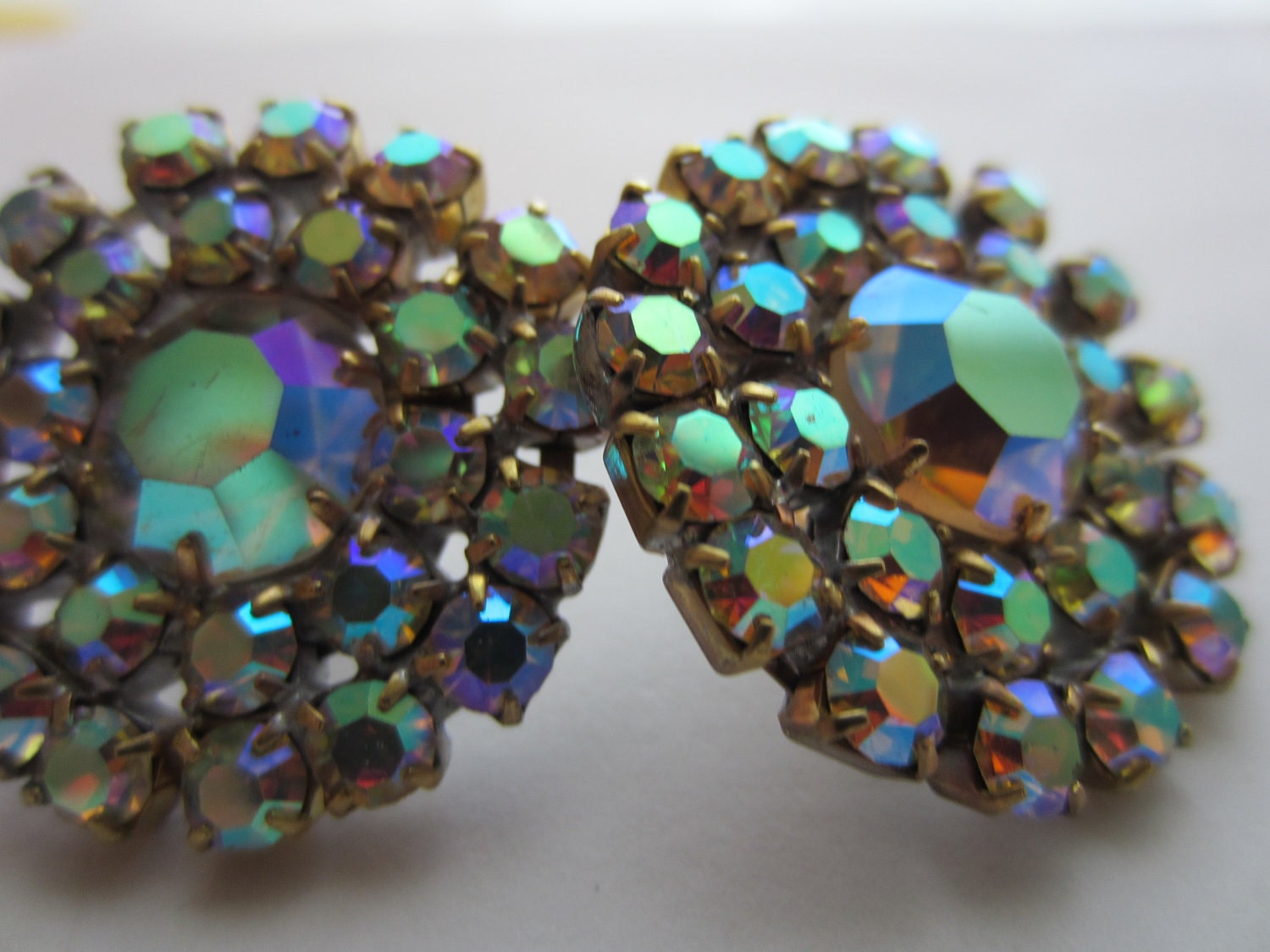 Vintage Button -2 beautiful large Czech glass AB rhinestone embellished (lot 1951)