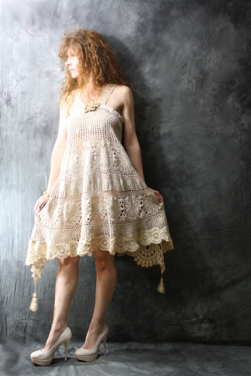 Made To Order Romantic Beach Wedding Vintage Crochet  Doily Lace Dress Upcycled Reconstructed Handmade OOAK - MajikHorse