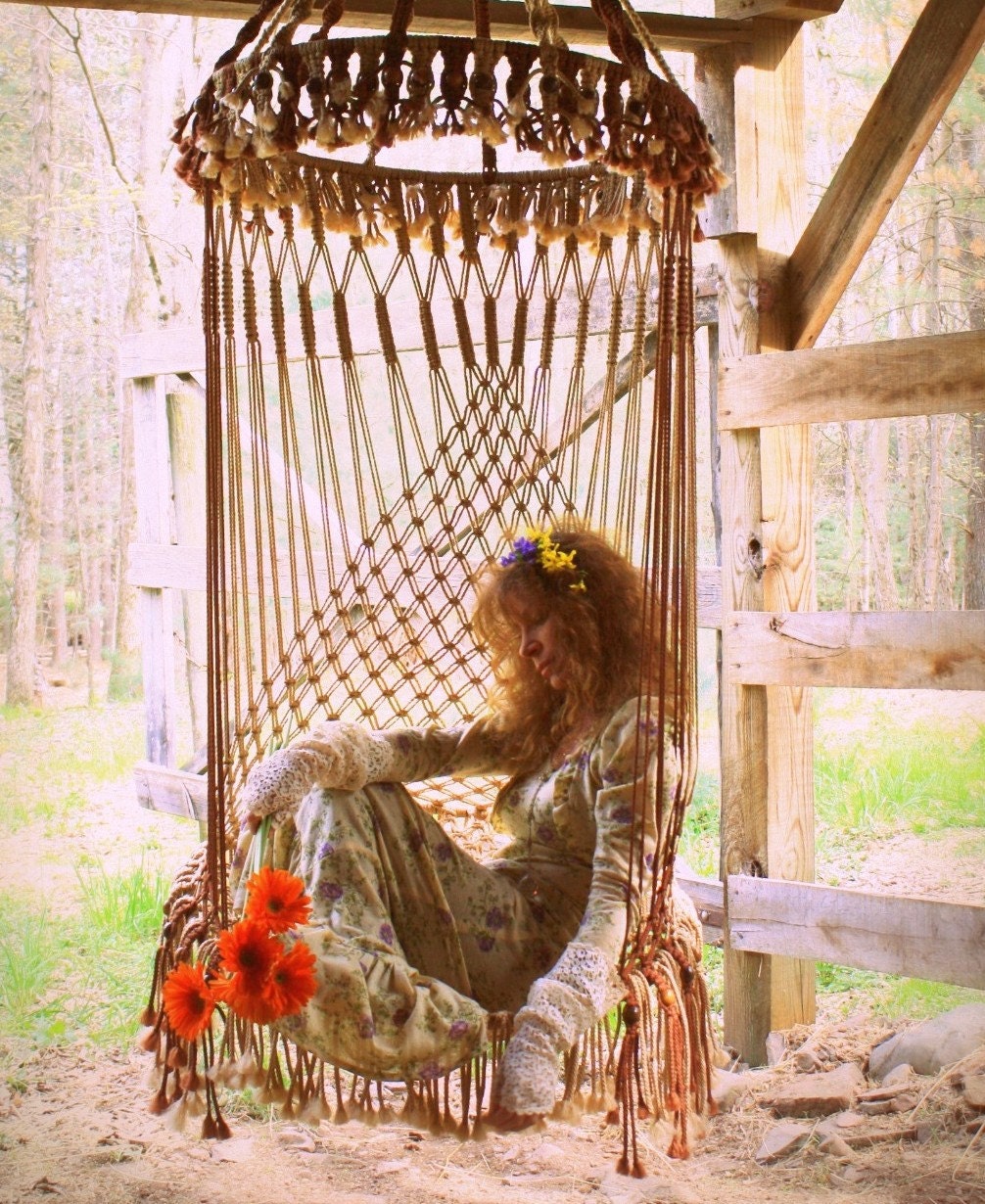Handmade OOAK Macrame Vintage Retro Style Hanging Woodstock Hippie Elf Fairy Chair Ready to Ship To be featured on HGTV Junk Gypsy series