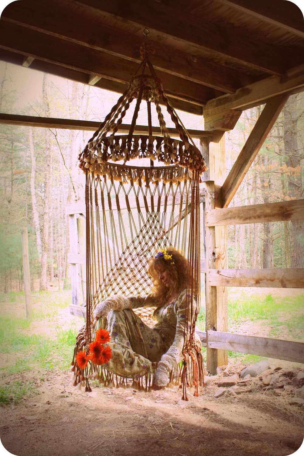 Handmade OOAK Macrame Vintage Retro Style Hanging Woodstock Hippie Elf Fairy Chair Ready to Ship To be featured on HGTV Junk Gypsy series