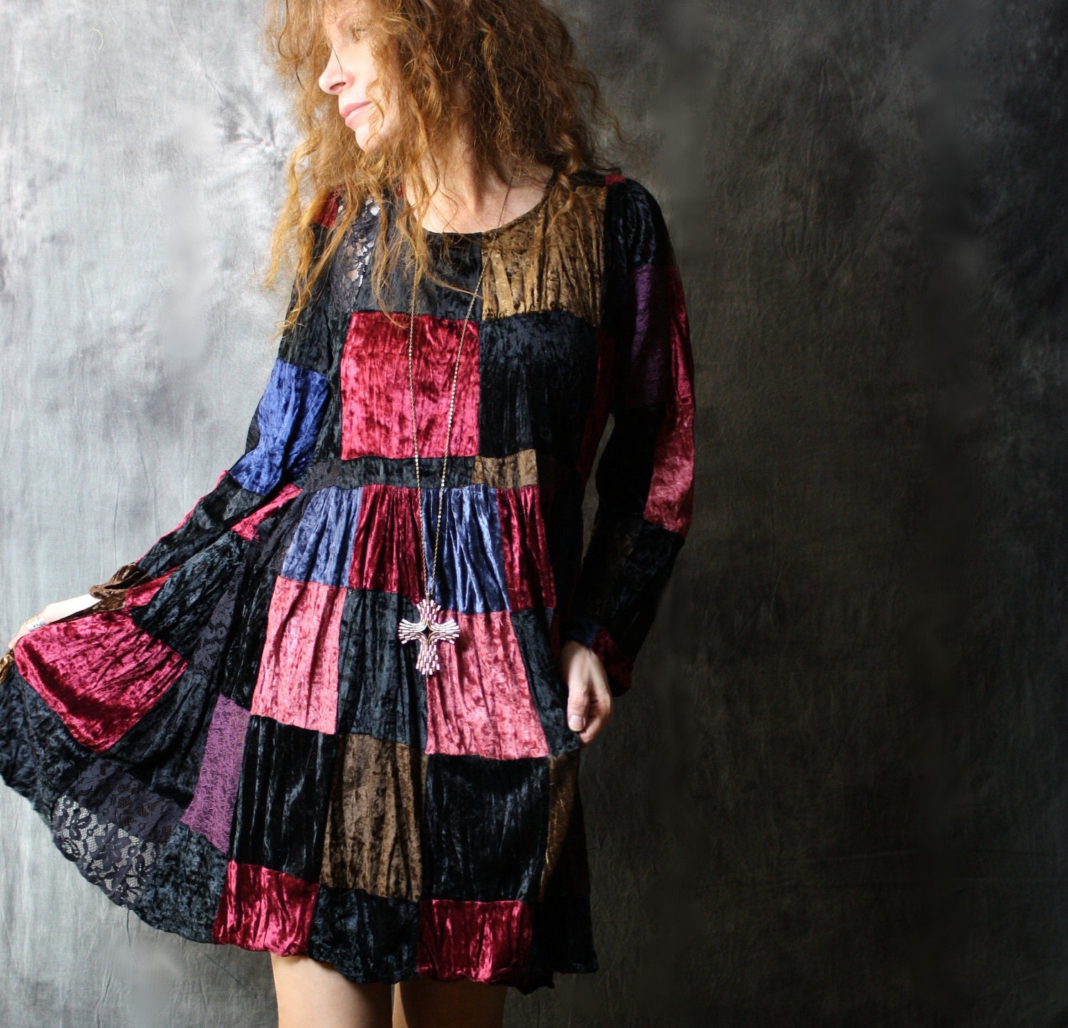 Vintage 1980s Witchy Gypsy Hippie Patchwork Velvet Baby Doll Dress One Size