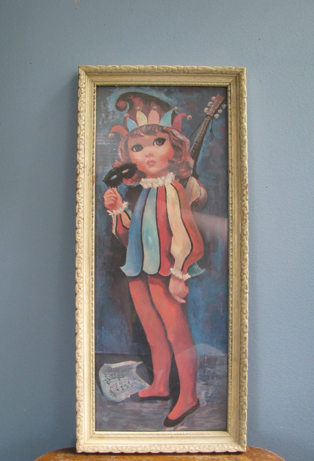 Vintage 1960s Goji Harlequin Music Girl Litho Print. Framed with Glass