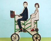 Custom Wedding Cake Topper Couple on a Double Bike with Two Pets