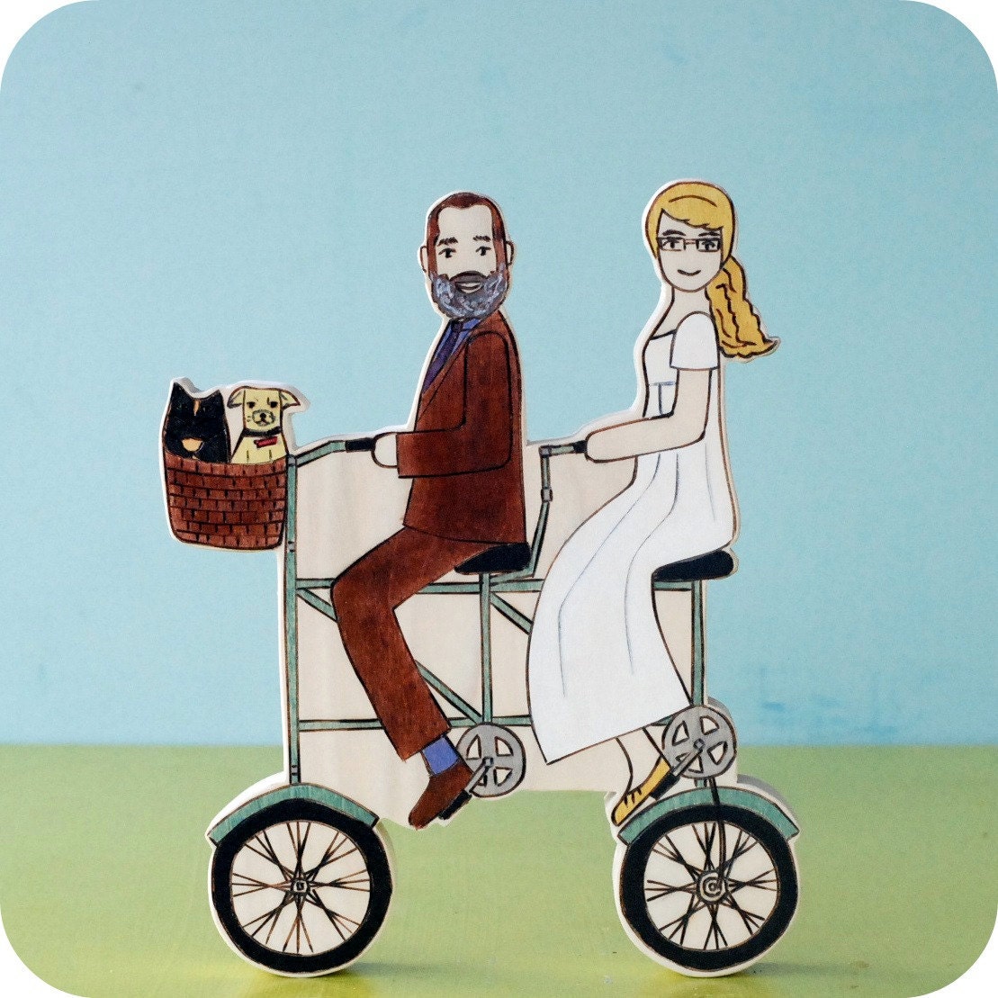 Custom Wedding Cake Topper Couple on a Double Bike with Two Pets
