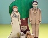 Custom Wedding Cake Topper Couple with Sweetheart Tree and Two Pets