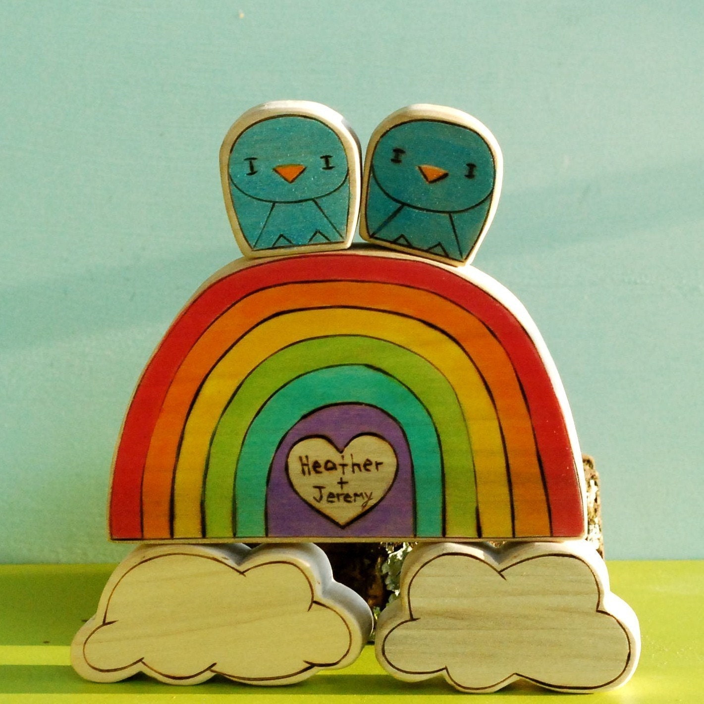 Custom Wooden Star House Rainbow with Sweetheart (you give me your names or initials) and Tweet Pair (you tell me what colors) Fabulous Valentines Day Gift