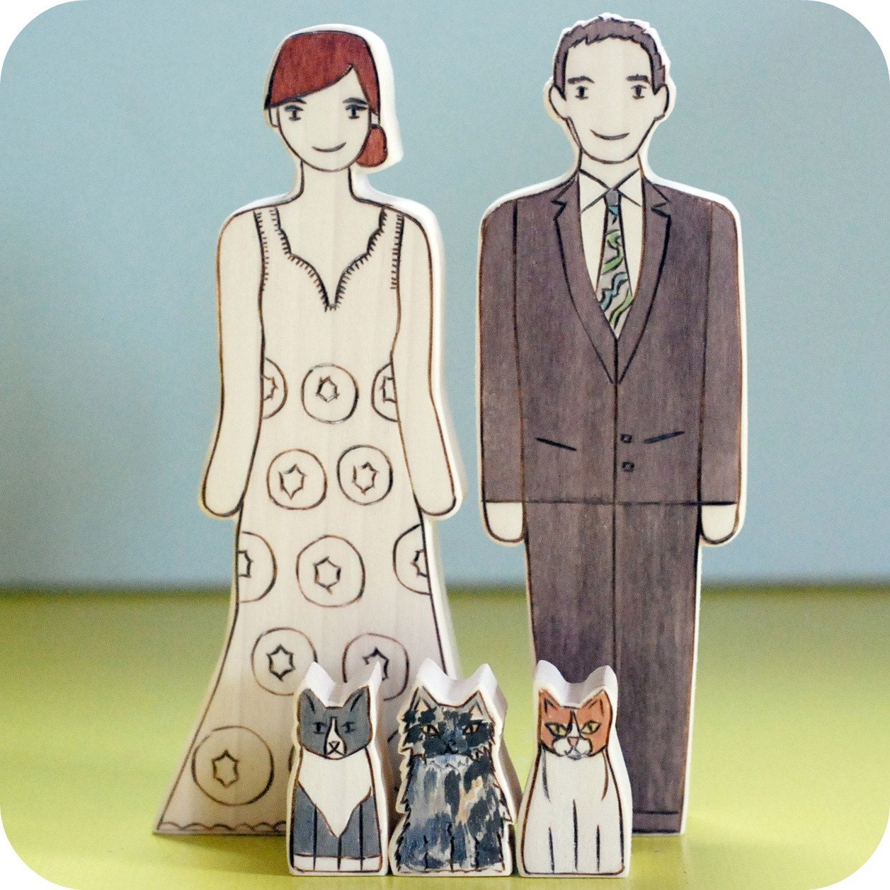 Custom Wedding Cake Topper couple with Three Pets