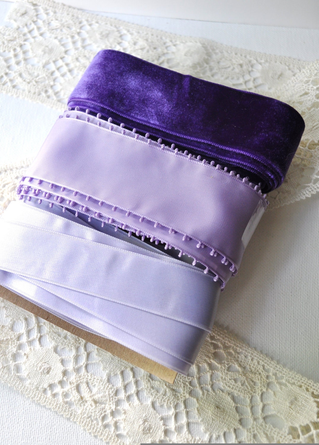 Vintage Ribbon Velvet Bobbin Lace Lot Purple Lavender Satin Picot Dolls Bears Sewing