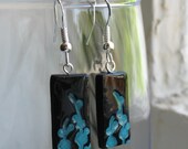 Handmade Stamped Teal Flower on Black Sterling Silver Earrings