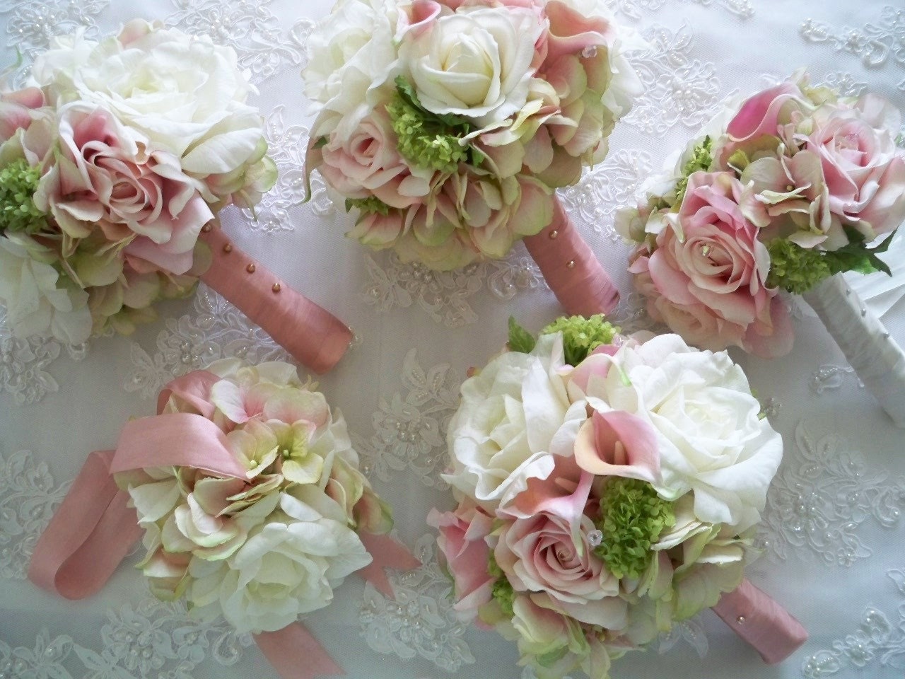 Set Blush Pink  Green Realtouch Calla Lillies and Green Hydrangeas and Realtouch Rose Bridal and Bridesmaids Bouquet Set