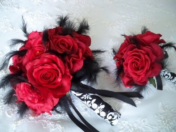Package 15 piece Red Silk  Roses  In  Black And White Damask Bridal Bridesmaids  and Boutonniere Destination Wedding Bouquet Set