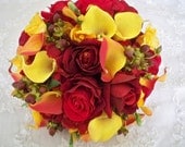Yellow Realtouch Calla Lily and Velvet Red Roses Bridal Bouquet Set