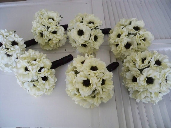 New Price.....14 Piece Silk bridal Bouquet Set   Silk Anemones with Inky Black Centers bridesmaids wedding bouquet