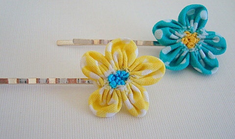 Shabby Fabric Flower Hair Pins - Set of 2