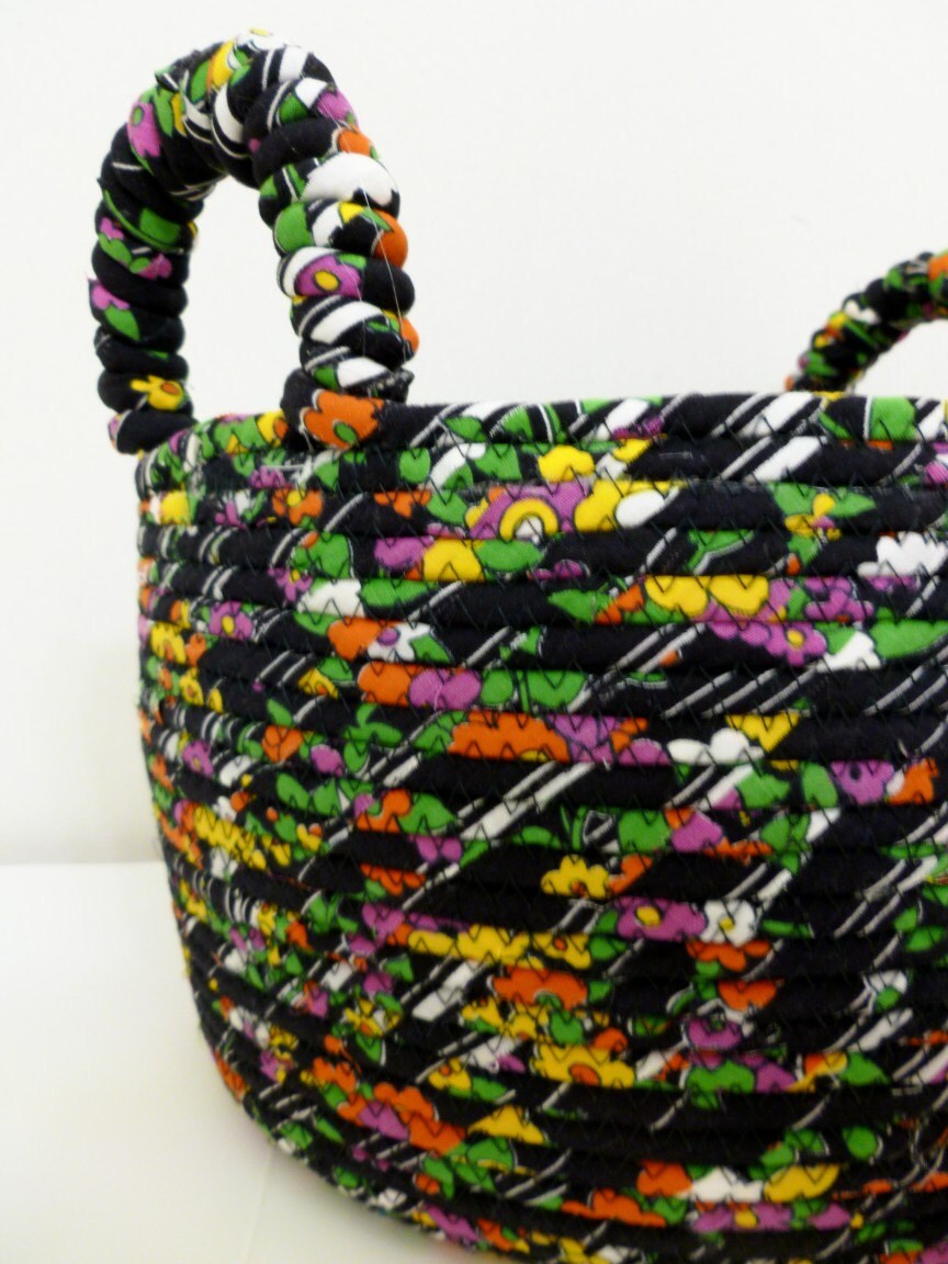Large Fabric Coiled Basket in Black and Multi-Color